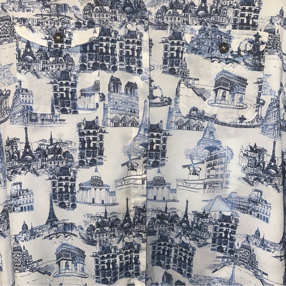 Karl Lagerfeld Womens Blouse XL Paris Print Button Up Roll Tab Parisian Scene - Picture 4 of 15